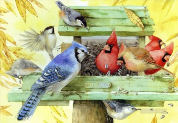 花 鳥 Painting - ヒマワリの種を食べるオウム鳥